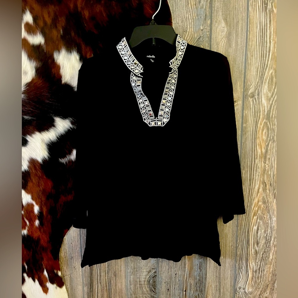 Rafaella size medium black 3/4 sleeve vneck blouse with silver embellishment